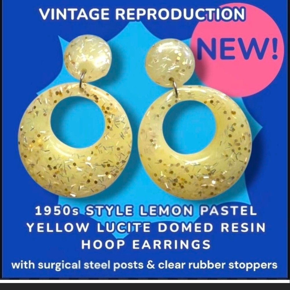 1950s Style Lemon Pastel Yellow Lucite Resin Hoop Earrings Surgical Steel New